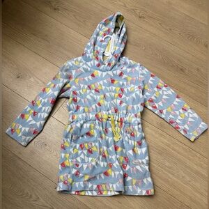 Mini Boden Girls Hooded Tunic in Light Blue with Red and Yellow Accents
